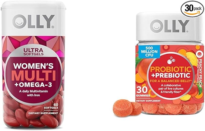 OLLY Ultra Women's Multi Softgels &amp Probiotic + Prebiotic Gummy Digestive Support and Gut Health 500 Million CFUs Fiber Adult Chewable Supplement for Men and Women Peach 30 Day Supply - 30 C