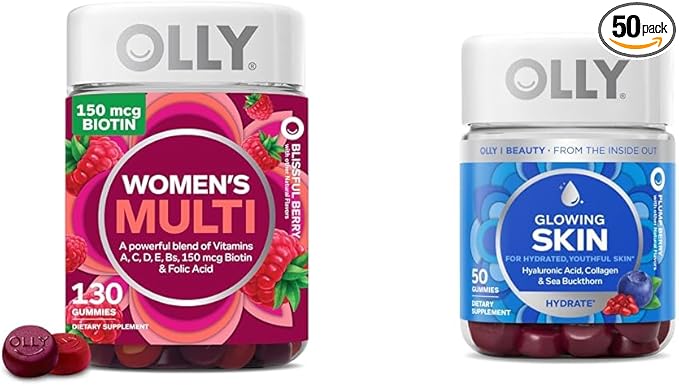 OLLY Women's Multivitamin Gummy Overall Health and Immune Support Vitamins A D C E Biotin &amp Glowing Skin Gummy 25 Day Supply (50 Count) Plump Berry Hyaluronic Acid Collagen