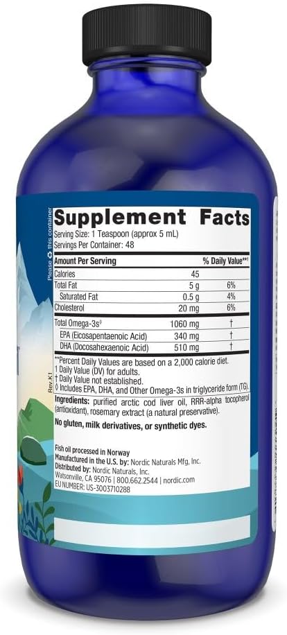Nordic Naturals Arctic Cod Liver Oil Unflavored - 8 oz - 1060 mg Total Omega-3s with EPA &amp DHA - Heart &amp Brain Health Healthy Immunity Overall Wellness - Non-GMO - 48 Servings
