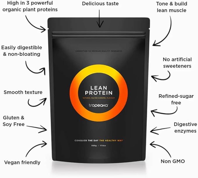 Tropeaka Plant Based Lean Protein Powder for Smoothies &amp Shakes - Salted Caramel - Vegan Protein for Men &amp Women Gluten Free Dairy Free Non-GMO 17.6oz (20 Servings)