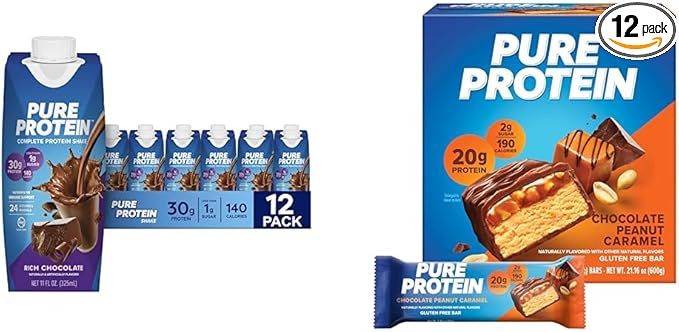 Pure Protein Chocolate Protein Shake 30g Protein 12 Pack and Pure Protein Bars 20g Protein Chocolate Peanut Caramel 12 Count