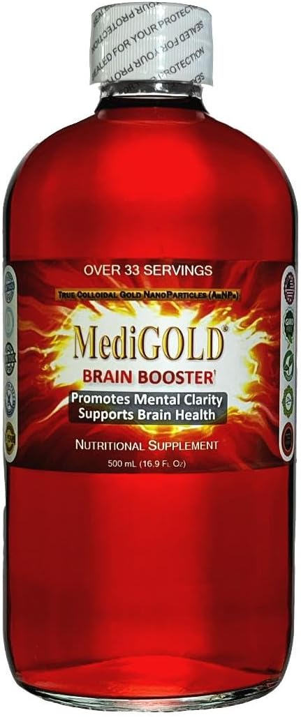 MediGOLD® Brain Booster True Colloidal Gold AuNP Nutritional Supplement - 500 mL in Clear Glass Bottle