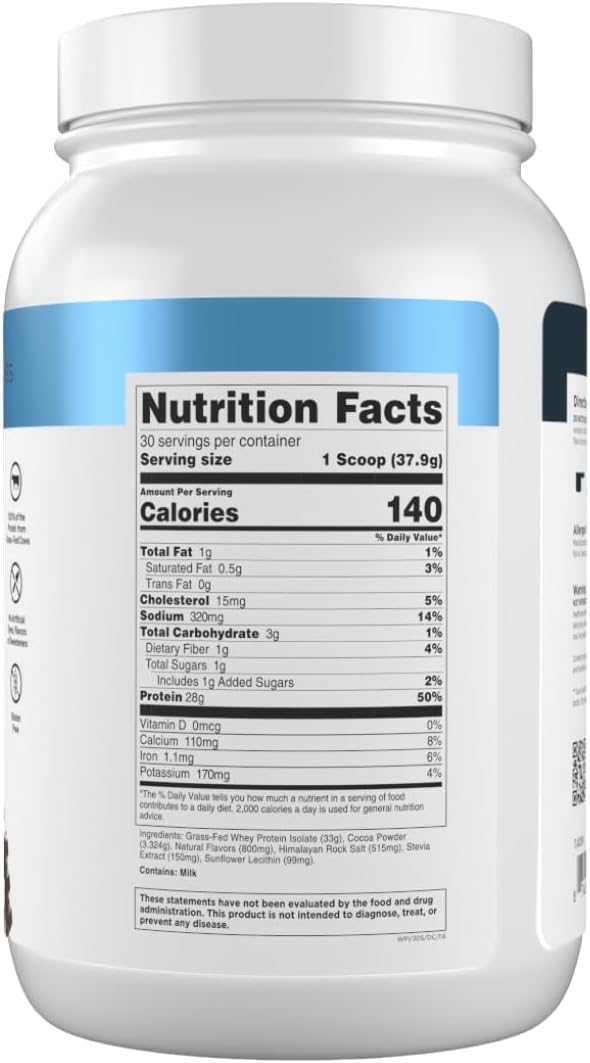 Transparent Labs Grass-Fed Whey Protein Isolate - Naturally Flavored Gluten Free Whey Protein Powder with 28g of Protein per Serving &amp 9 Amino Acids - 30 Servings Dark Chocolate