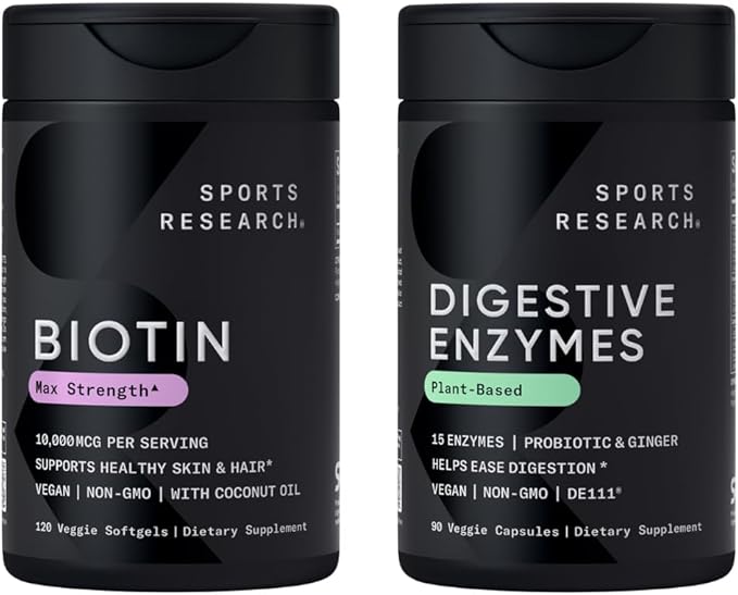 Sports Research® Dissolve to Absorb Pack - 10000mcg Biotin (Vitamin B7) with Organic Coconut Oil + Digestive Enzymes with Probiotics &amp Ginger
