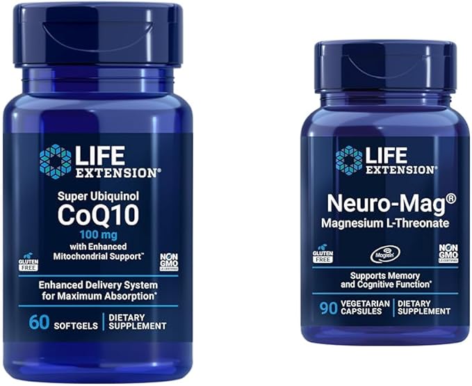 Life Extension Super Ubiquinol CoQ10 with Enhanced Mitochondrial Support &amp Neuro-mag Magnesium L-threonate Magnesium L-threonate