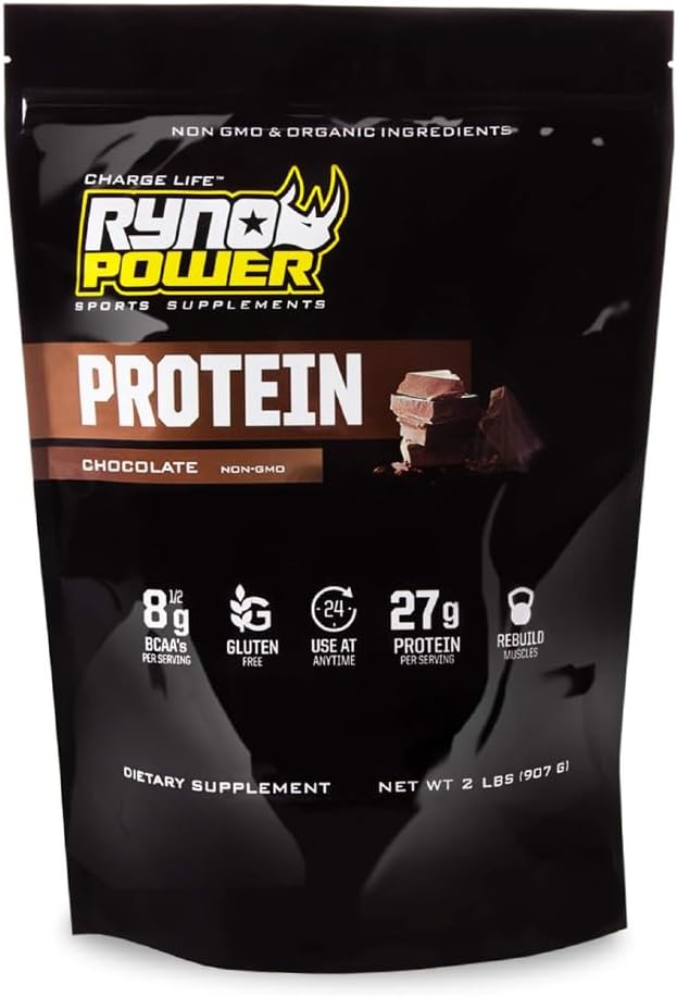 Ryno Power All Natural Whey Protein 2lb (20 Servings) 'Chocolate' - 100% Whey Protein Blend &amp No Fillers - Non GMO