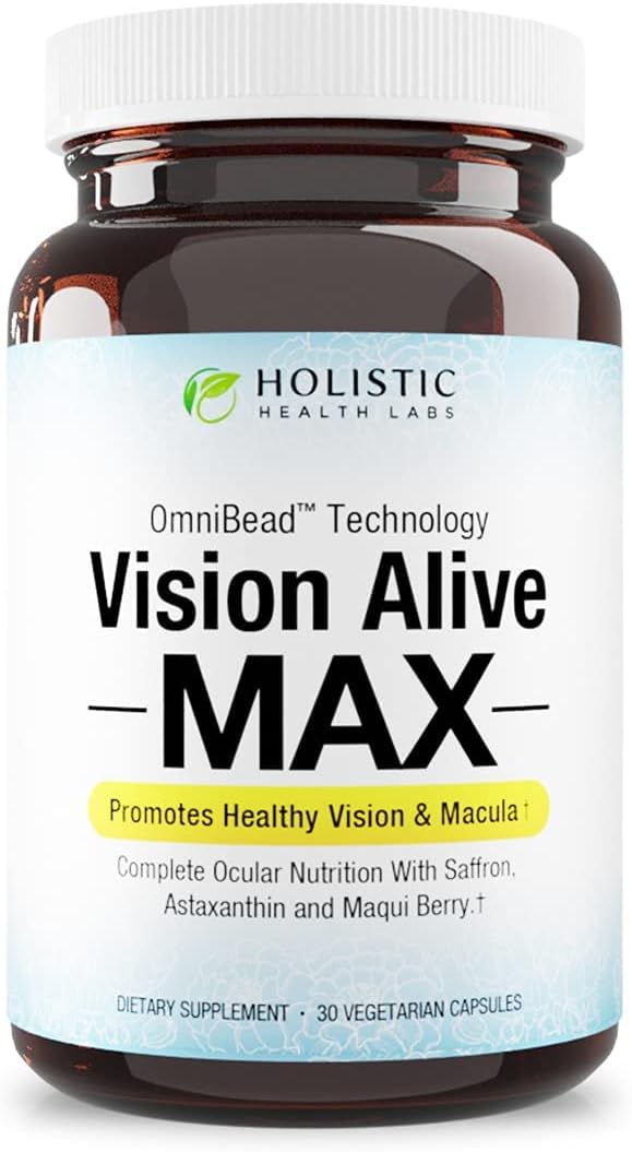 Holistic Health Labs Vision Alive Max with 8 Natural Ingredients Lutemax® 2020 Bilberries Blueberries c3g from Black Currant Maqui Berry Saffron and Astaxanthin (30 Count (Pack of 1))