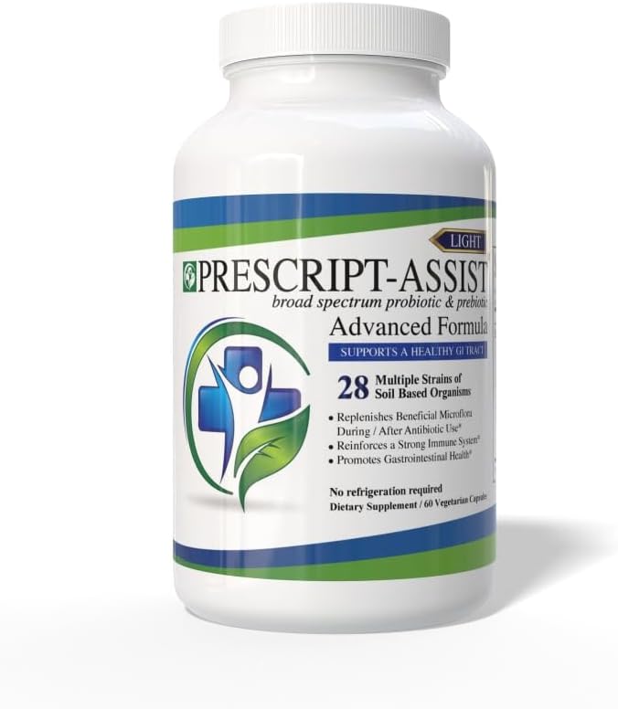Prescript-Assist Light - 28 Strains Soil Microflora Probiotic and Prebiotic for Children &amp Adults with Advanced Formula - Soil Based Probiotics for Gut Health - No Refrigeration Needed 60 Caps