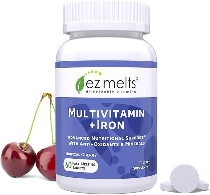 EZ Melts Multivitamin + Iron - Daily Multivitamin for Women &amp Men - Supports Healthy Energy Levels &amp Antioxidant Protection - Non-GMO &amp Vegan - Tropical Cherry - 60 Dissolvable Tablets (30