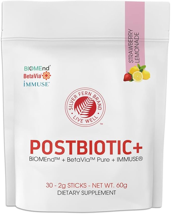 Silver Fern Brand Postbiotic+ Strawberry Lemonade Powder – Postbiotic Supplement with BIOMend™ BetaVia™ and Immuse® – Supports The Digestive System &amp Overall Wellness – 30 Stick Packs