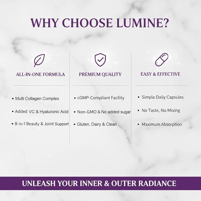 LUMINE Multi Collagen Complex Capsules – Hydrolyzed Protein Peptides Types I II III V &amp X for Hair Skin Nails &amp Joint Support – Non-GMO Gluten-Free &amp Easy to Swallow (120 Capsules)