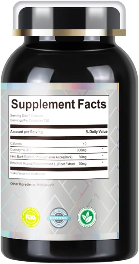 CoQ10 300mg with Pine Bark &amp Rhodiola Rosea — High Potency Coenzyme Q10 Supplement for Heart &amp Cellular Energy 120 Capsules (4-Month Supply)
