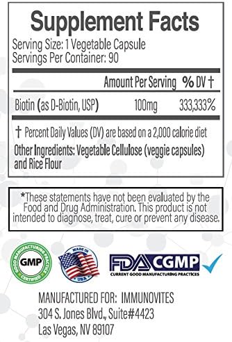 IMMUNOVITES 3-Pack High Dose Biotin (as d-Biotin USP) 100mg (Equivalent to 100000mcg) 90 Capsules High Potency (3)
