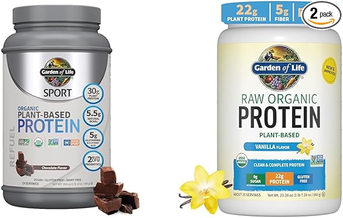 Garden of Life Organic Vegan Sport Protein Powder Bundle - Chocolate &amp Vanilla 30g &amp 22g Plant Protein Probiotics &amp BCAAs for Muscle Recovery