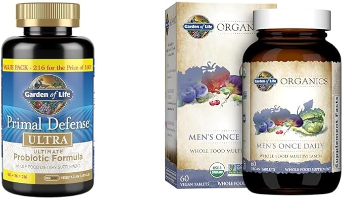 Garden of Life Probiotics &amp Men's Multivitamin Bundle - Primal Defense Ultra Probiotic 216 Capsules + Once Daily Whole Food Multivitamin 60 Tablets