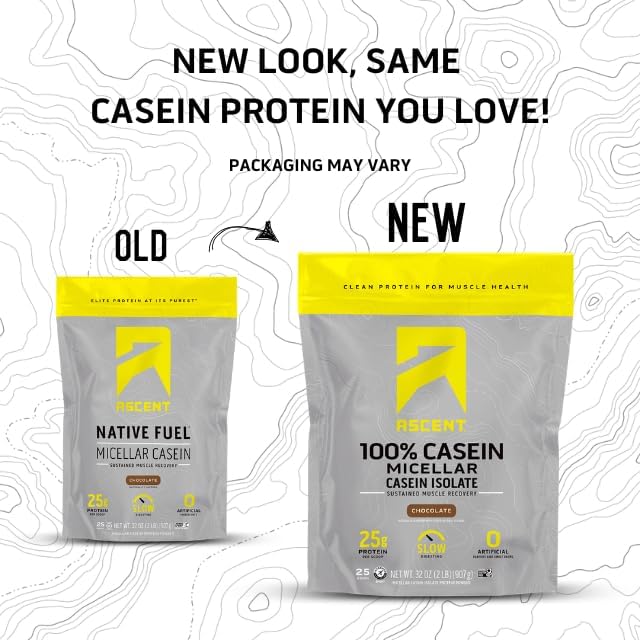 Ascent Casein Protein Powder - 25g Micellar Casein Powder with Zero Artificial Flavors &amp Sweeteners Gluten-Free No Added Sugar 4.9g BCAA 2.2g Leucine - Chocolate 2 Pounds