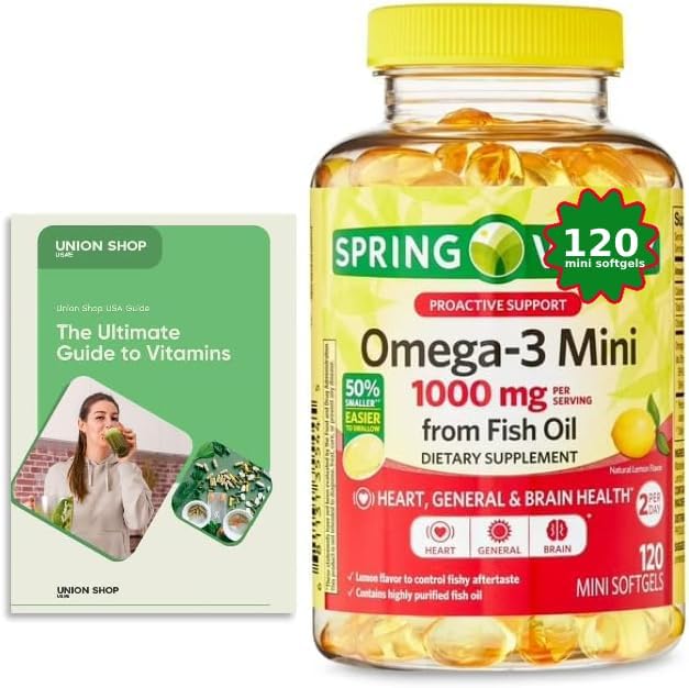 Spring Omega-3 Mini from Fish Oil 1000 mg 120 Count Dietary Supplement Omega 3 Mini Softgels Bundle with Vitamin Guide (2 Items)
