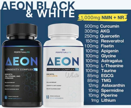 AEON Black &amp White Longevity Complex Bundle with NAD+ Curcumin Resveratrol Astaxanthin Fisetin Quercetin AKG Apigenin Glycine Anti-Aging Supplement Vegan 1-Month Supply