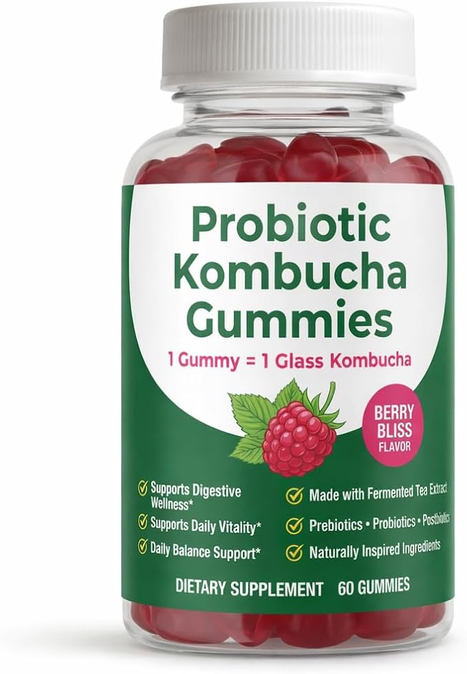 Kombucha Probiotic Gummies with Prebiotics &amp Postbiotics for On-the-Go Gut Balance Kombucha Inspired Digestive Support Berry Flavor 60 Gummies