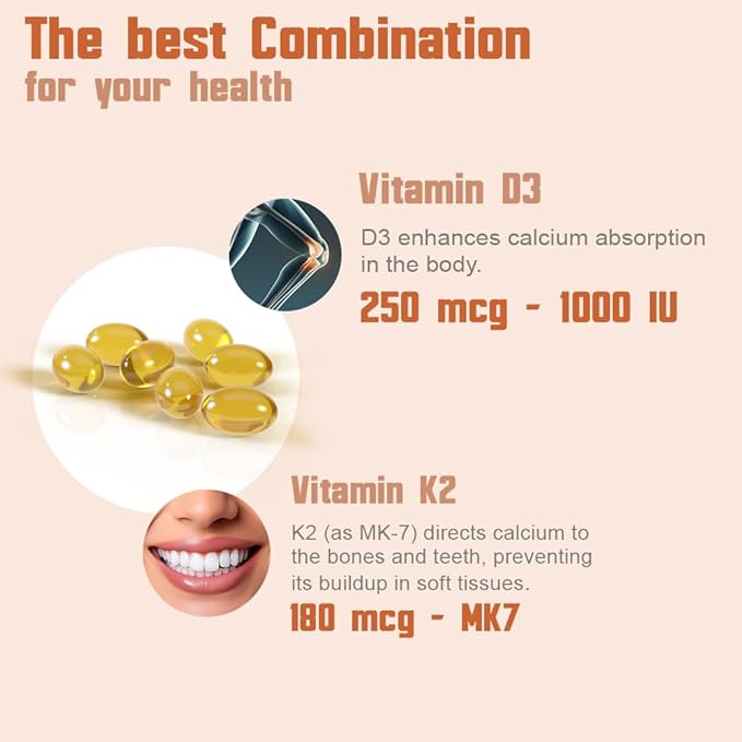 Health Dose Vitamin D3 10000 IU + K2 (MK7) Supplement 2-in-1 Formula Immune Support a Healthy Mood Heart Joint Teeth Bone Health Calcium Absorption 180 softgels. (3)
