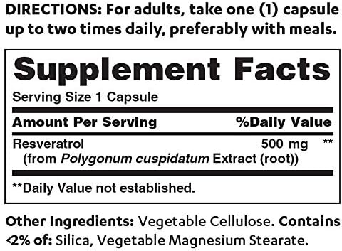 Vitamin World Resveratrol 500 mg. 60 Capsules Maximum Strength Antioxidant Support Rapid-Release Vegetarian Gluten Free