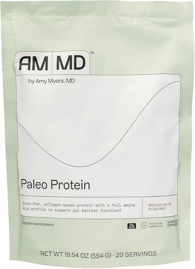 Amy Myers MD Paleo Protein Powder - Mocha Latte 20 Servings - Collagen-Based Gut Function Support - Gluten-Free &amp Non-Dairy Protein Supplement