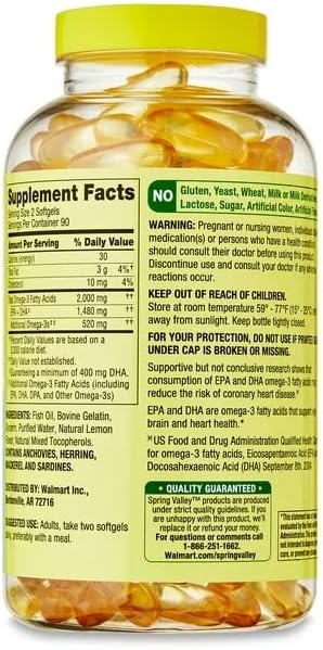 Spring Valley Maximum Care Omega-3 from Fish Oil Dietary Supplement Softgels for Eye Brain Bone &amp Heart Health 2000 mg 180 Count Pill Box.