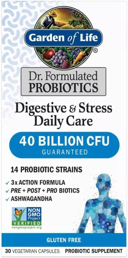 Garden of Life Probiotic Supplement Capsules Dr. Formulated Digestive + Stress - 30ct 1 Bottle Gluten-Free 30 Servings
