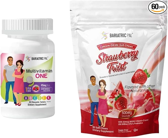 BariatricPal 30-Day Bariatric Vitamin Bundle (Multivitamin ONE 1 per Day! Chewable with 45mg Iron - Mixed Berry and Calcium Citrate Soft Chews 500mg with Probiotics - Strawberry Twist)