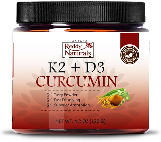 Reddy Naturals Vitamin K2 D3 with Turmeric Curcumin – Vitamin K2 + D3 Supplement Powder for Daily Wellness Plant-Based Nutrition &amp Clean Natural Ingredients – Premium Turmeric K2 D3 Blend (120 g)