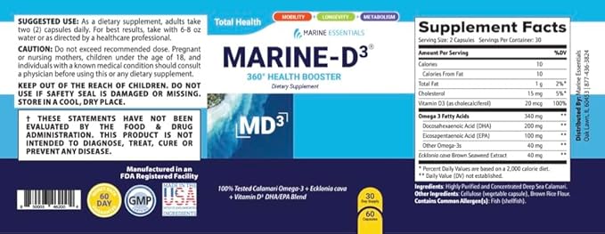 Marine Essentials- Marine D3 Omega 3 Calamari Ecklonia Cava DHA (6 Bottles - 360 Capsules)