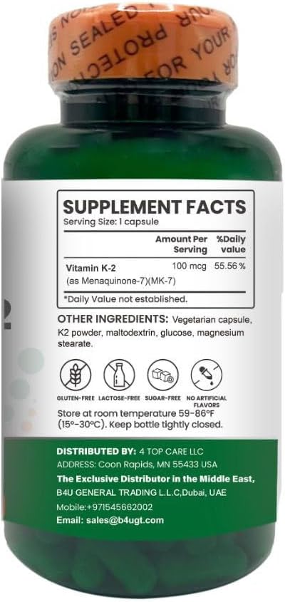 H4U Vitamin K-2 (MK7) Veg Capsules Support Bone Health 100 mcg 60 Count