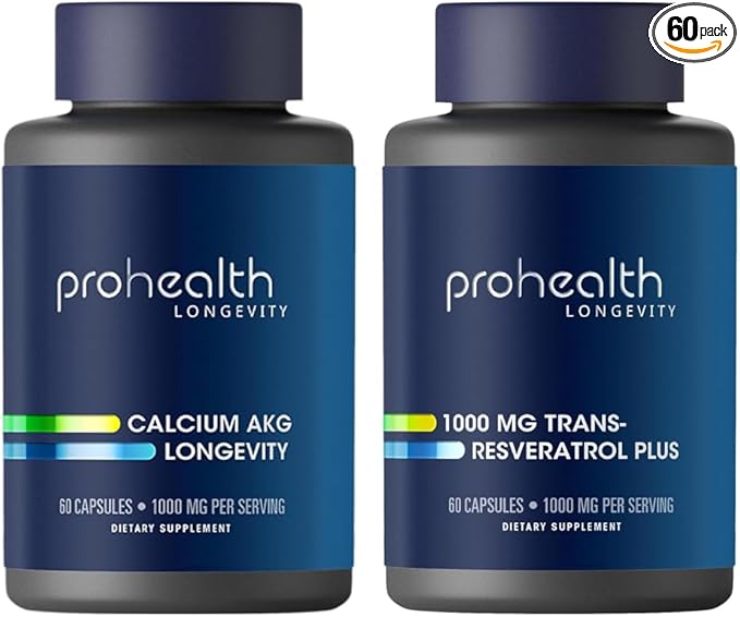 ProHealth Healthy Aging Bundle | Resveratrol 1000mg with Quercetin Red Wine &amp Green Tea Extract + Ca AKG Supplement | Supports Cellular Health Memory Metabolic Function &amp Longevity | 120 Ca