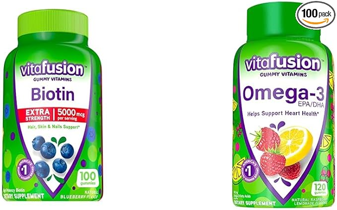 Vitafusion Extra Strength Biotin Gummy Vitamins Berry Flavored 5000 mcg Biotin Vitamins America’ &amp Omega-3 Gummy Vitamins Berry Lemonade Flavored Heart Health Vitamins(1)
