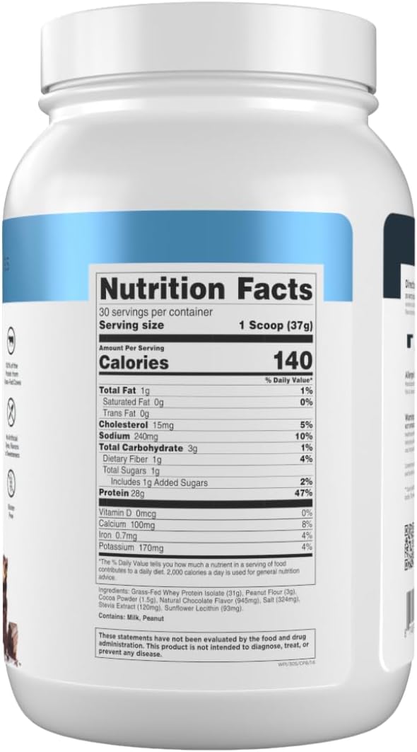 Transparent Labs Grass-Fed Whey Protein Isolate - Naturally Flavored Gluten Free Whey Protein Powder with 28g of Protein per Serving &amp 9 Amino Acids - 30 Servings Chocolate Peanut Butter