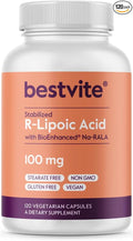BESTVITE R-Lipoic Acid 100mg Stabilized with Bio-Enhanced® Na-RLA (120 Vegetarian Capsules) No Stearates - No Flow Agents - Vegan - Non-GMO - Gluten Free
