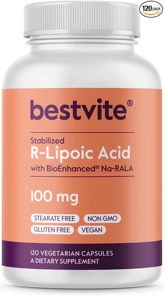 BESTVITE R-Lipoic Acid 100mg Stabilized with Bio-Enhanced® Na-RLA (120 Vegetarian Capsules) No Stearates - No Flow Agents - Vegan - Non-GMO - Gluten Free