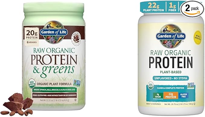 Garden of Life Raw Organic Protein &amp Greens Chocolate &amp Organic Vegan Unflavored Protein Powder 22g Complete Plant Based Raw Protein