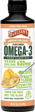 Barlean's Ginger Peach Vegan Omega 3 Supplement Liquid Algae Oil with 630 mg EPA &amp DHA Plant Based Omegas from Algal Oil Non-GMO &amp Gluten Free 16 oz