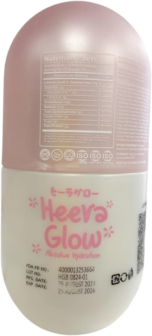 60 Count Heera Glow Absolute Hydration 20 in 1 Glutathione Collagen Capsules