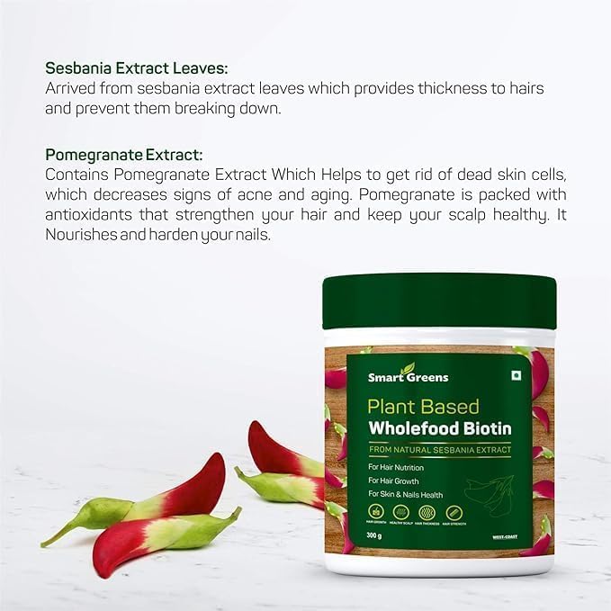 Generic Plant Based Wholefood Biotin Powder High-Potency Hair Nutrition Hair Fall Premature Greying Hair Growth Healthy Scalp and Skin &amp Nails Health - 300gm