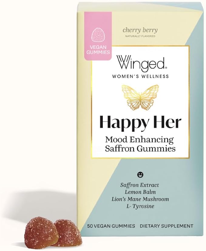 Winged Wellness Happy Her - Mood Support Gummies - Contains Saffr’ Activ Saffron Extract 5-HTP L-Tyrosine Lion's Mane Lemon Balm and Chaste Tree - Vegan Gummy Cherry Flavored - 3 Pack 126 Count