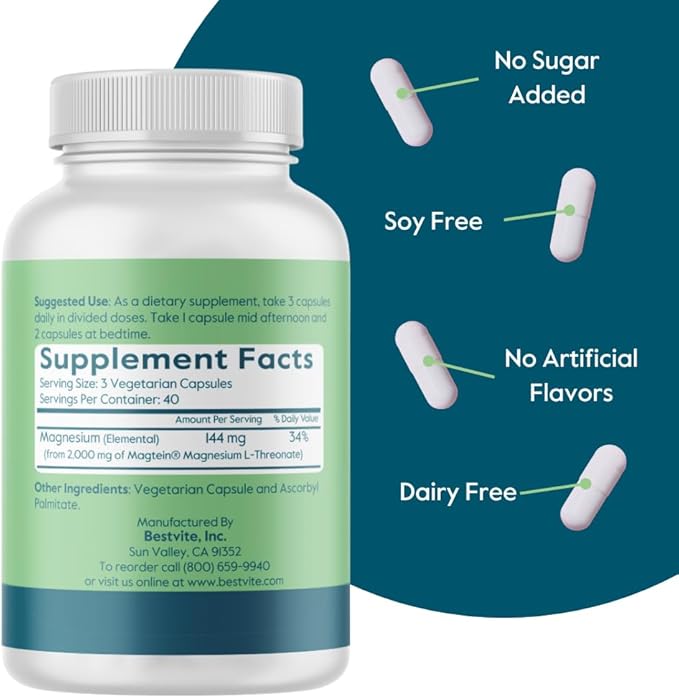 BESTVITE Magtein Magnesium L-Threonate Capsules - 2000mg per Serving (240 Vegetarian Capsules) (120 x 2)- Patented and Bioavailable Magnesium - No Stearates - Vegan - Non GMO - Gluten Free