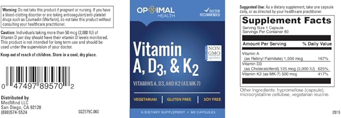 Vitamin ADK Supplement with Vitamins A 5000IU Vitamin D3 and 500mcg Vitamin K2 (as MK-7) | NON GMO | Gluten &amp Soy Free