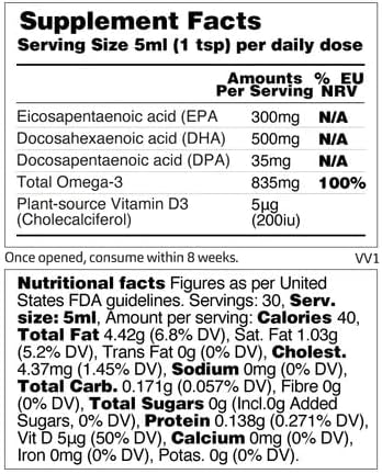 Vegan Omega 3 Liquid from Microalgae 800mg of EPA DHA with Vitamin D3 Supports Heart Brain and Eye Health Natural Fish Oil Alternative UK Made Unflavoured