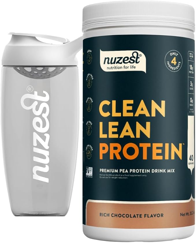 Nuzest Vegan Pea Protein Powder - Clean Lean Protein 40 Servings 20g Protein Rich Chocolate Protein Shake Mix + Sports Shaker Bottle 24oz