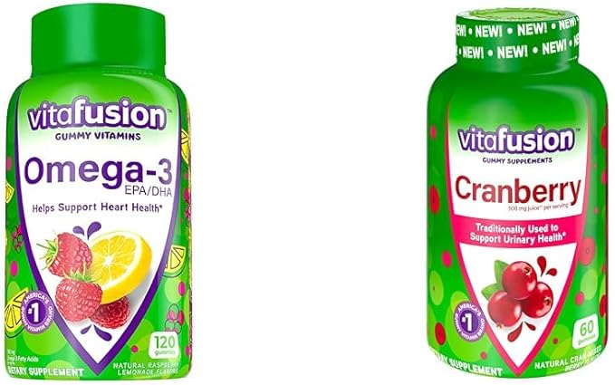 Vitafusion Omega-3 Heart Health Gummy Vitamins with Cranberry Gummies for Women 120 Count Omega 3 EPA/DHA Berry Lemonade and 60 Count 500mg Cranberry Juice Concentrate per Serving
