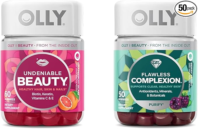 OLLY Undeniable Beauty Gummy &amp Flawless Complexion Gummy Clear and Healthy Skin Support Vitamins E A Zinc Chewable Supplement Berry - 50 Count (Pack of 1)