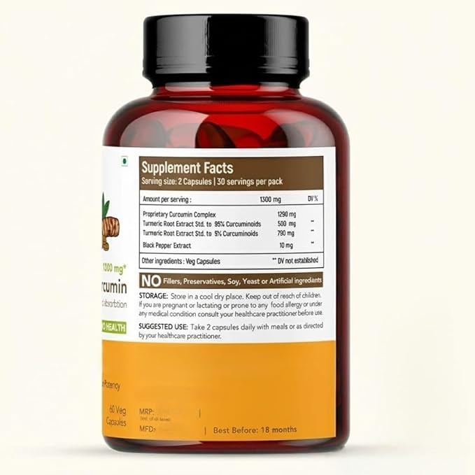 Curcumin (95%) with Black Pepper Extract (for Better absorbtion)1300mg for Immunity Joints Health | 60 Veg Capsules 650 Mg Each