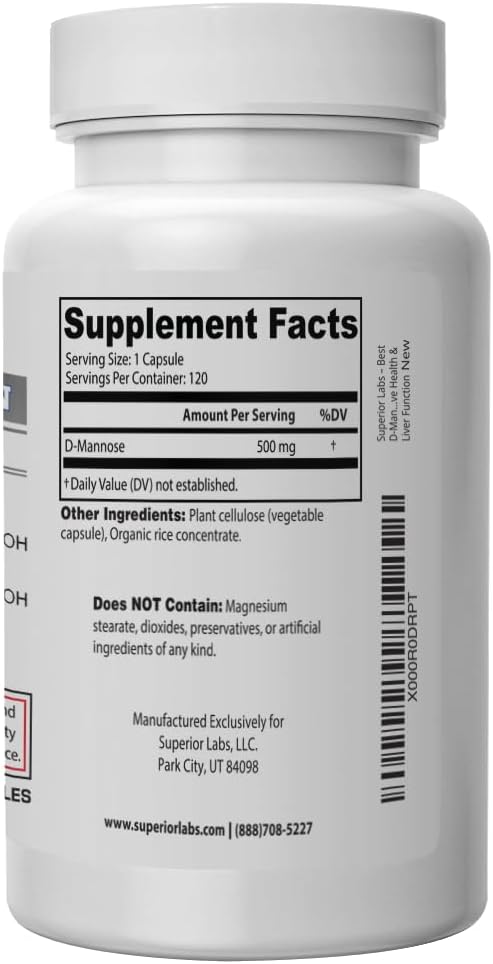 Superior Labs D-Mannose 500 mg Pure Non-GMO Optimal Absorption Prebiotic Urinary Tract Bladder &amp Kidney UTI Support Digestive &amp Liver Health Aid IC Relief for Women &amp Men 120 Veg Cap